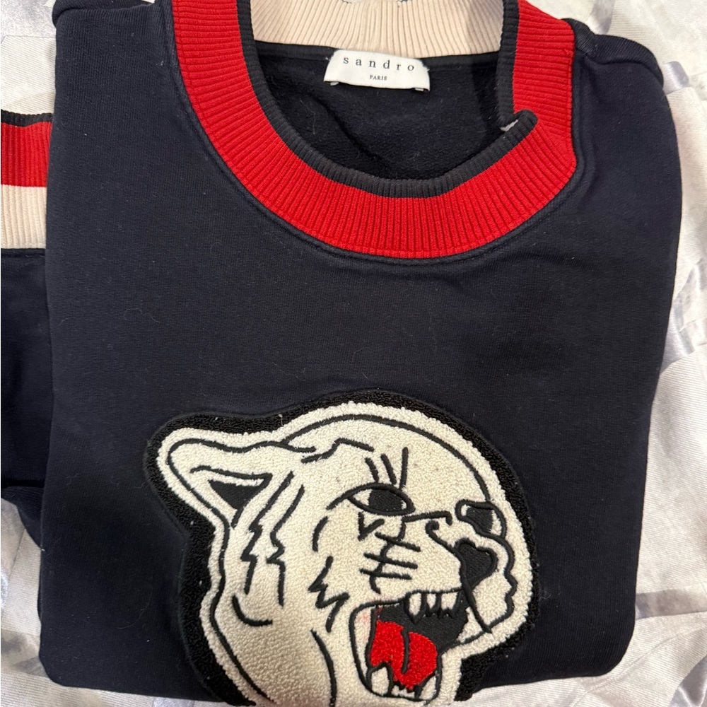 Sandro Paris Tiger Patch Sweatshirt – Black Varsity Style – Size XS